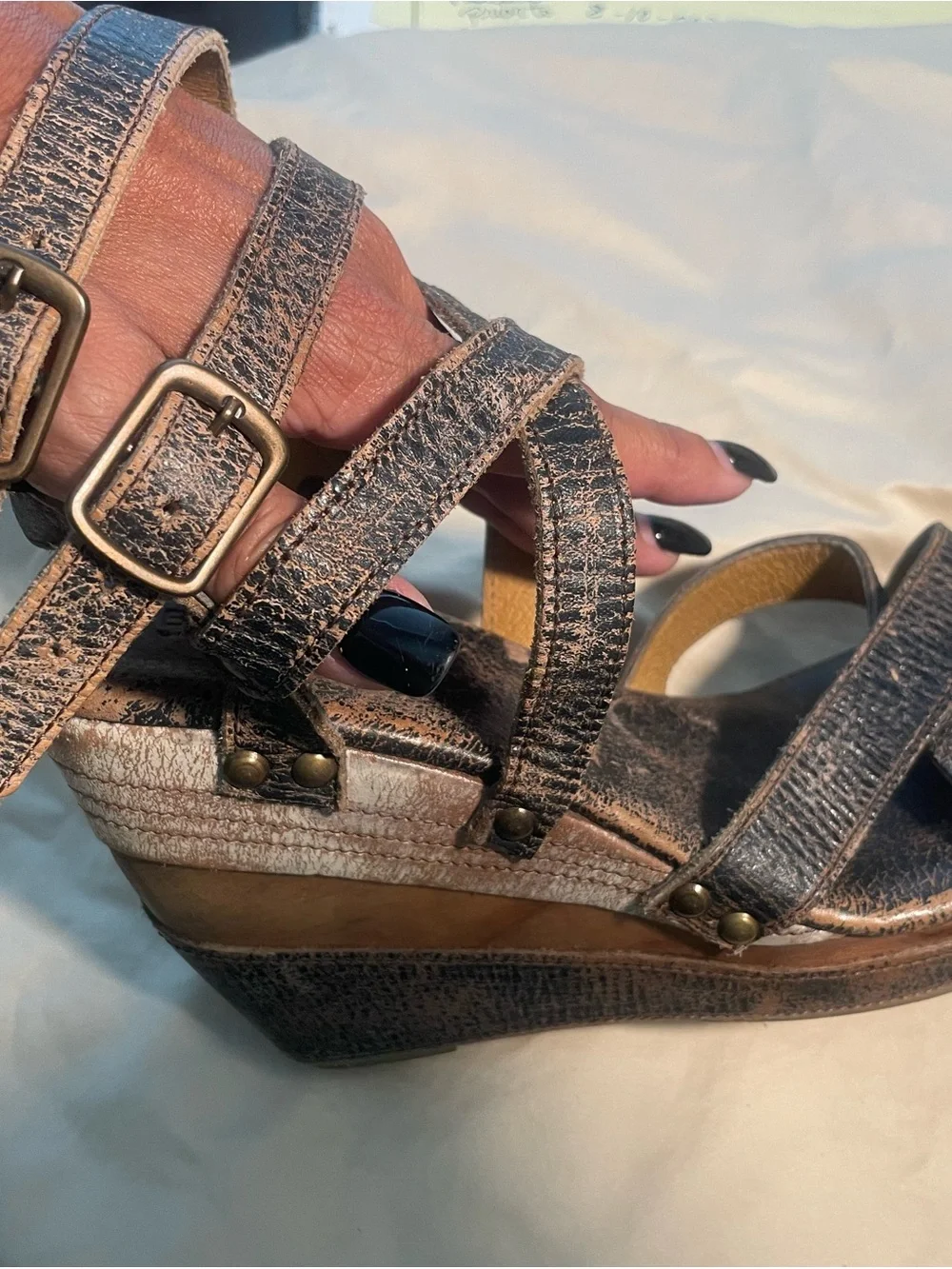 BED|STU Distressed Brown Multi-Strap Wedge Sandals